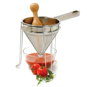 Norpro 642 chinois stand stabilizing over a pot for hands-free operation
