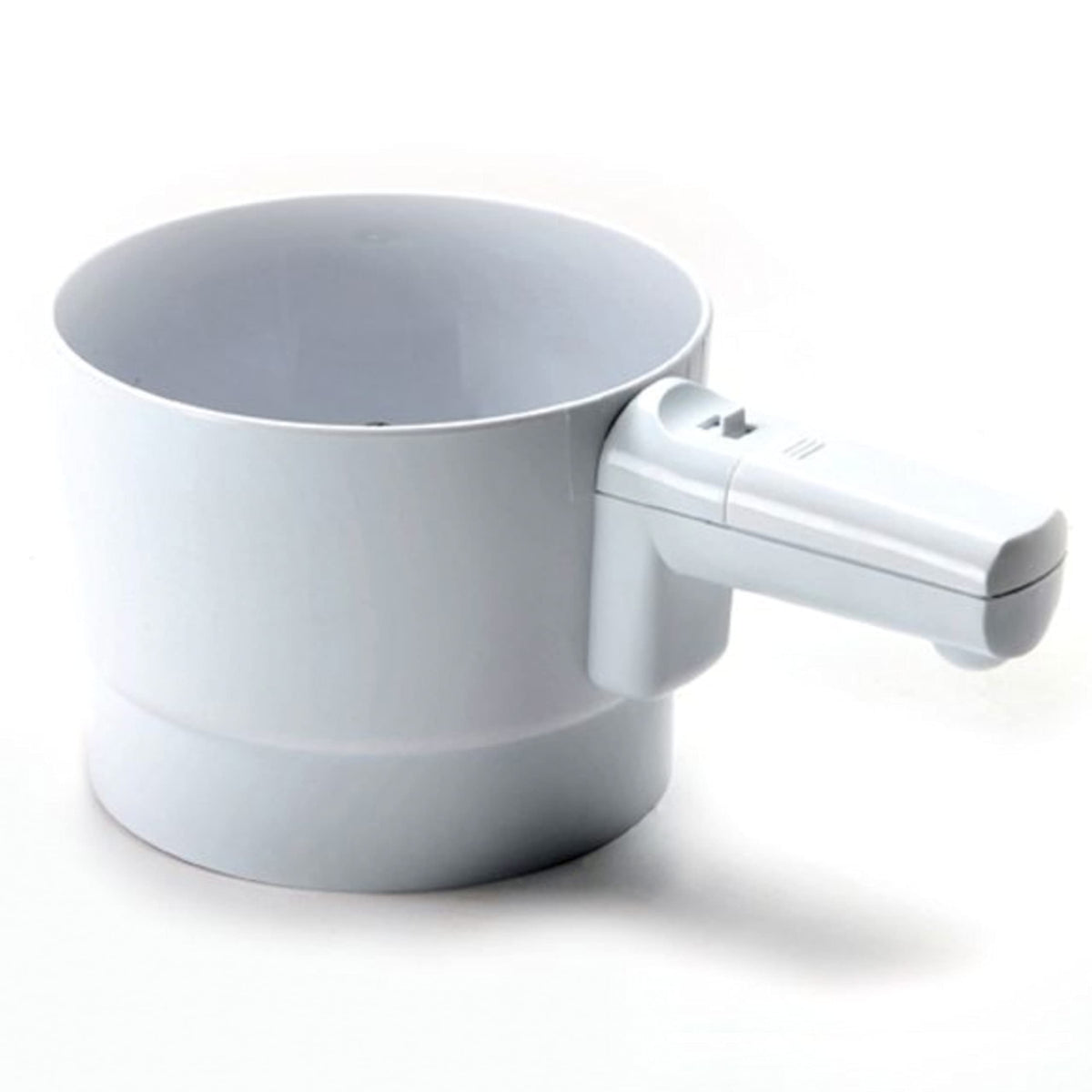 Norpro battery-operated sifter in white, front view, ready for effortless use