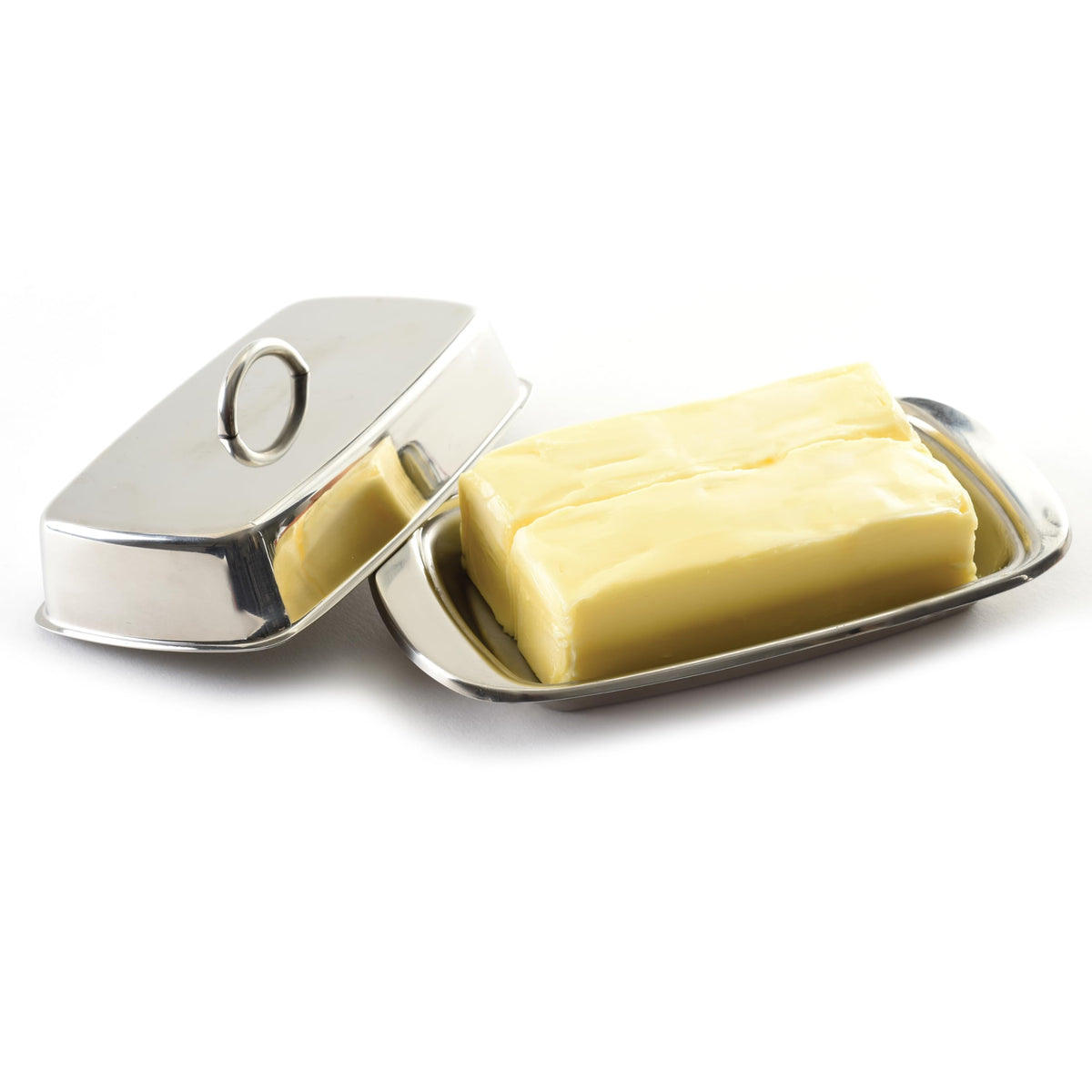 Norpro polished stainless steel tray fits a cream cheese block for neat storage.