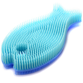 Norpro Fish Silicone Dish Brush, side view, flexible reach into corners and curves.