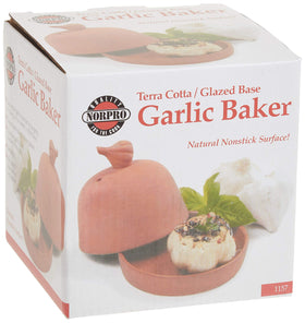 Norpro garlic baker lid close-up with steam vent for moisture control