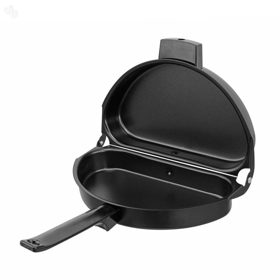 Norpro omelet pan showing flip action for quick, perfectly folded omelets.