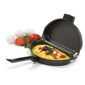 Norpro omelet pan with one side cooking and the other ready to close as a lid.