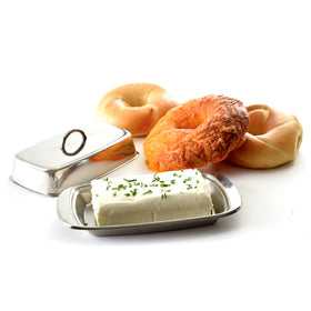 Norpro butter dish withstands daily use with a polished finish and lid.