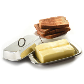 Norpro silver butter dish with cover highlights elegant serving and protection from dust.