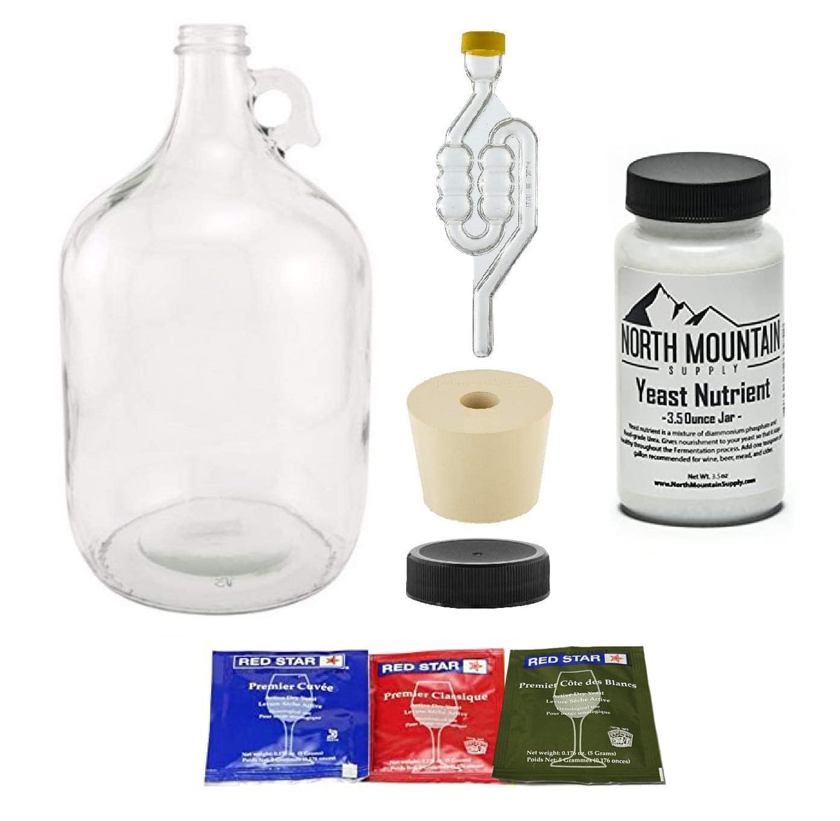 North Mountain Supply 1-gallon glass fermenting jug with handle for easy home brewing.