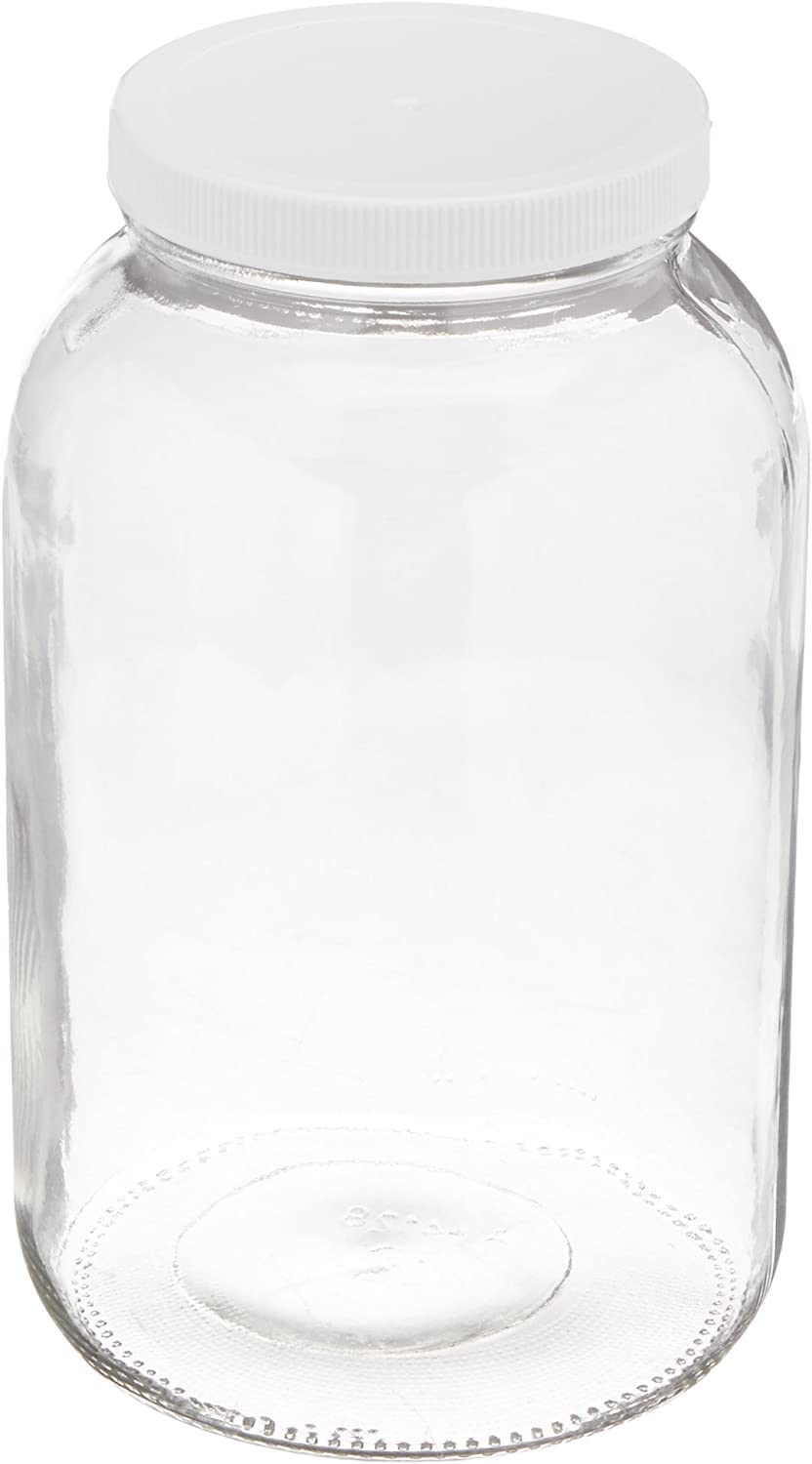 North Mountain Supply 1 gallon glass jar with wide mouth and white lid for canning and fermenting.