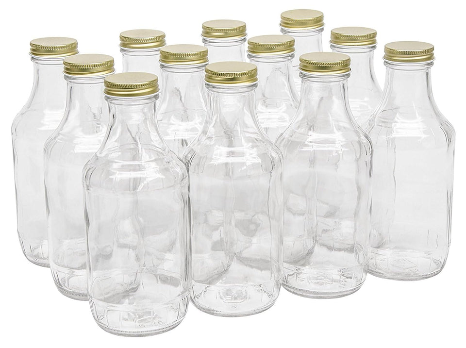 North Mountain Supply 16 oz glass sauce bottle with 38mm gold lid for sauces and dressings.