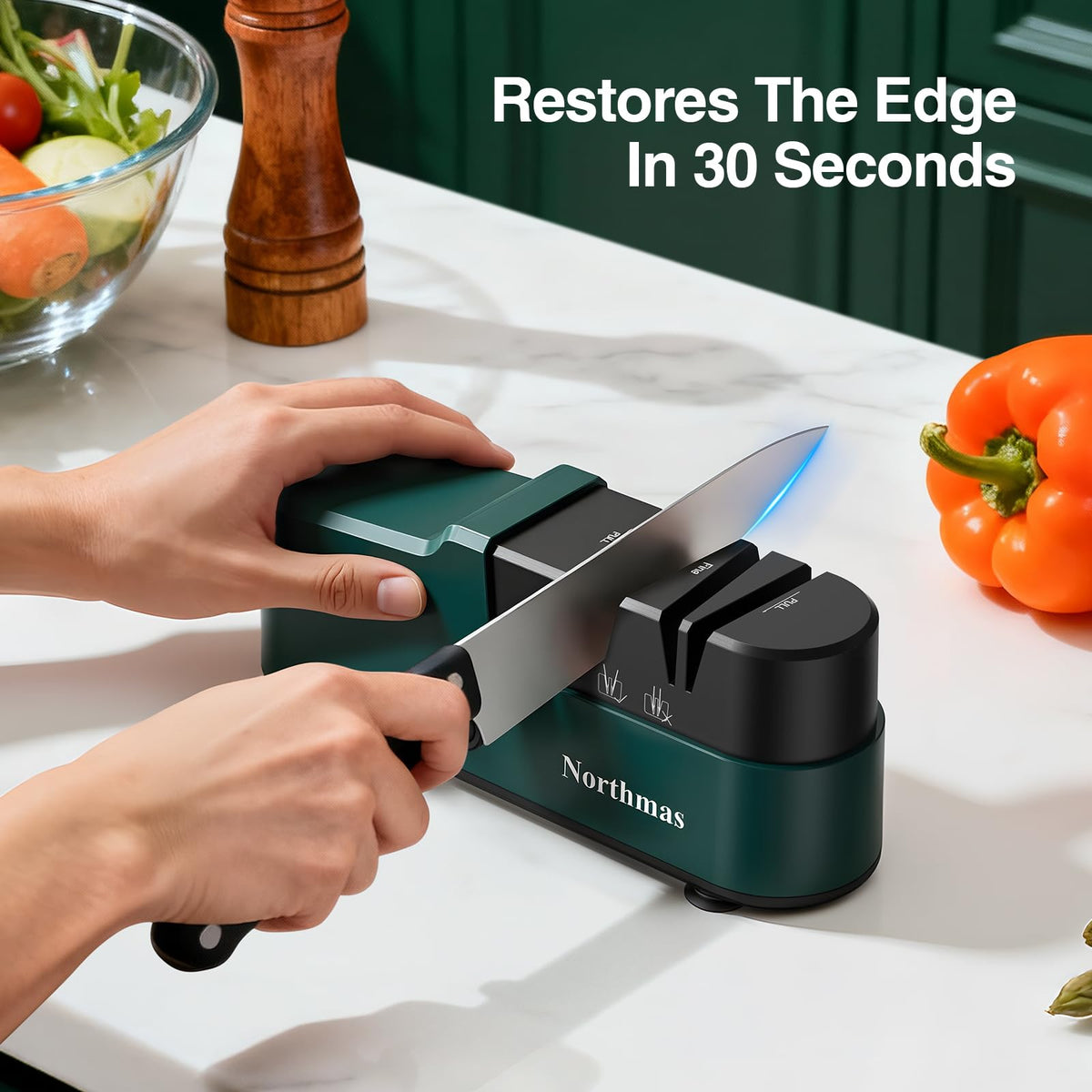 Northmas Knife Sharpener compact design saves counter space for busy kitchens.