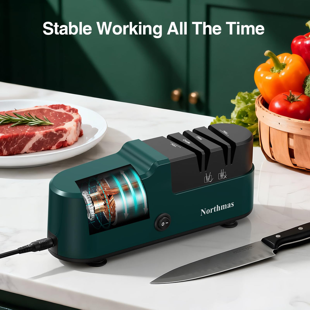 Northmas Knife Sharpener safe operation highlights stable, cool performance during use.