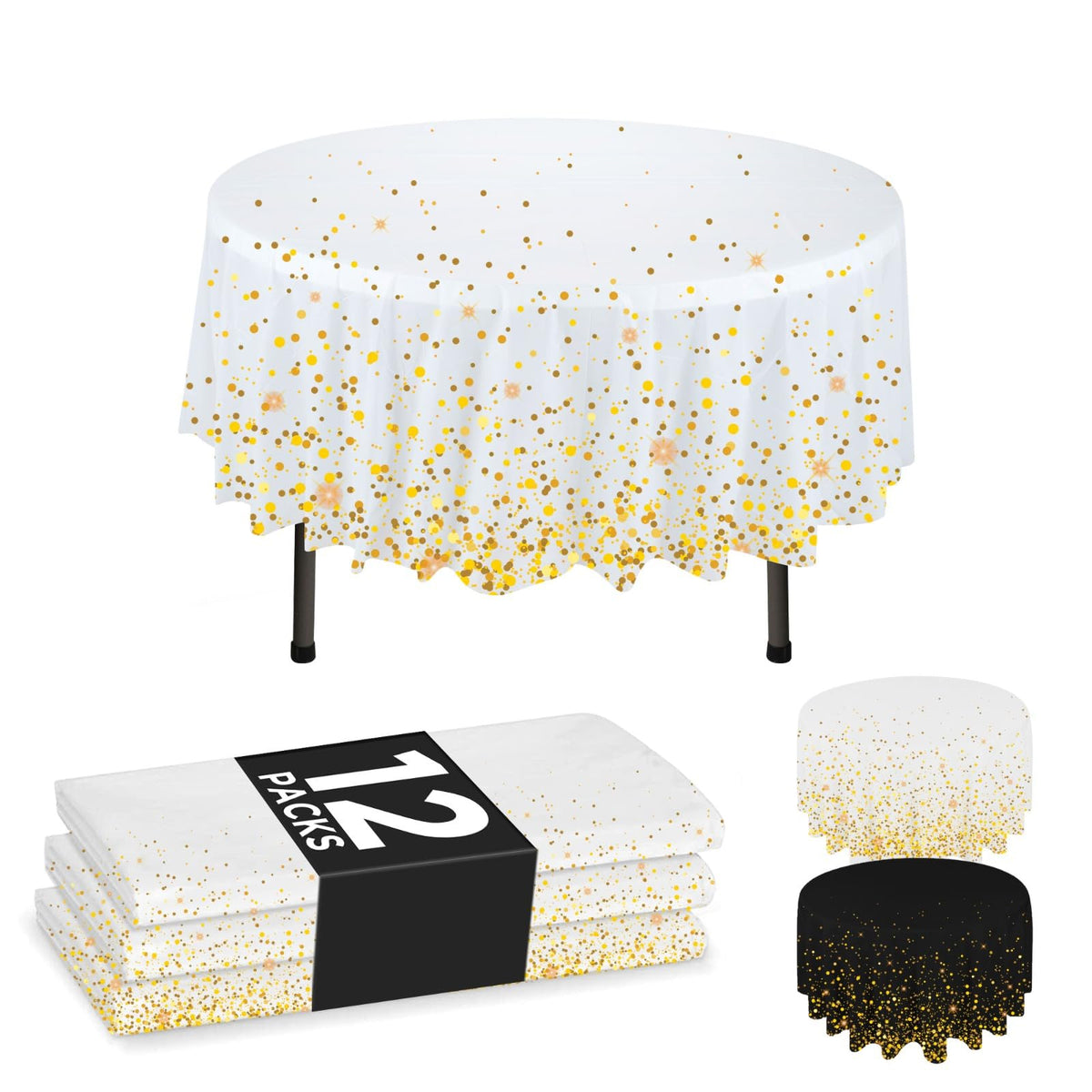 NORZEE 84-inch white round tablecloth with gold edge for elegant events.