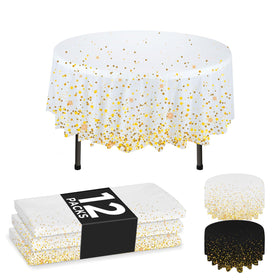 NORZEE 84-inch white round tablecloth with gold edge for elegant events.