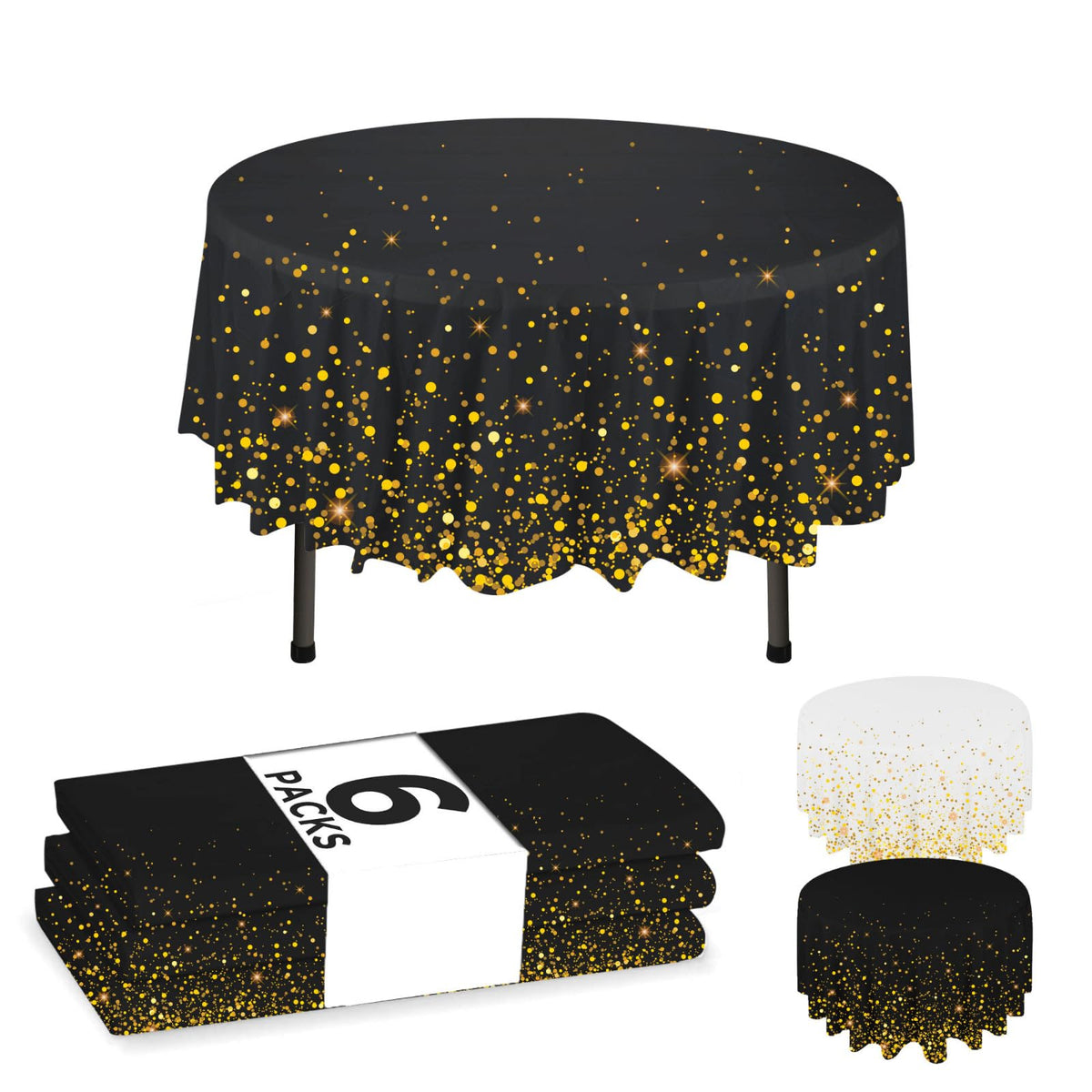 NORZEE black-gold confety round tablecloth 84in pack front, ideal for festive events.