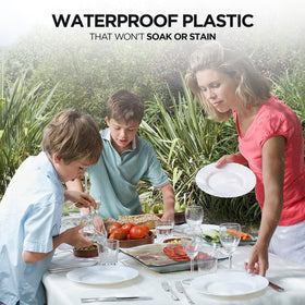 High-density NORZEE plastic tablecloth protects surfaces during meals.