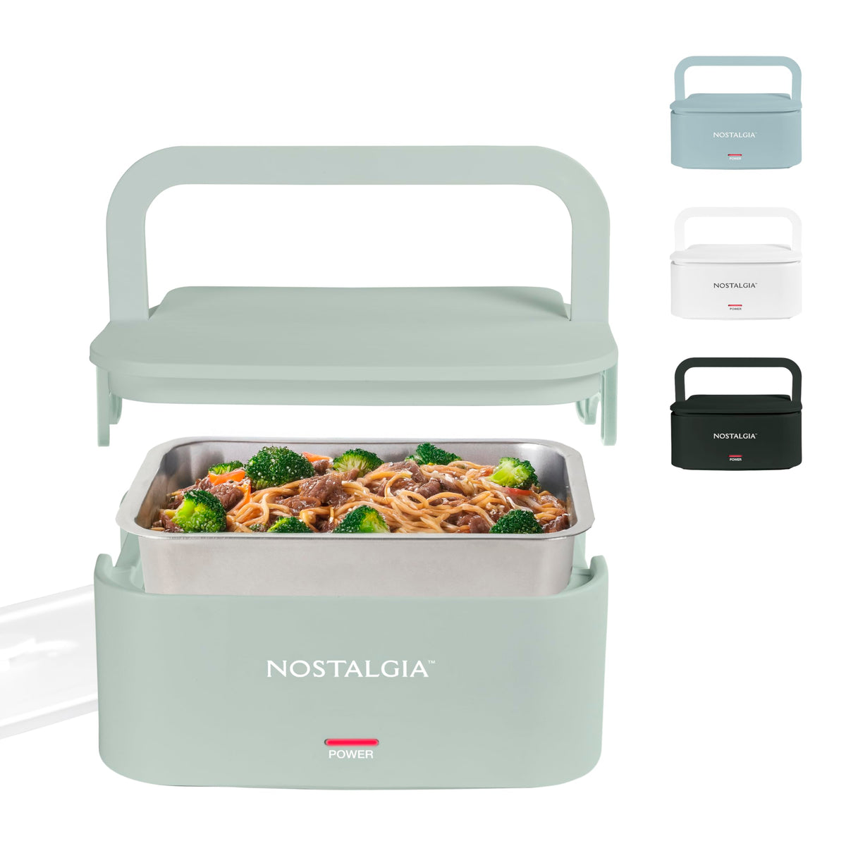 Nostalgia 32-ounce heated lunch box with closed dual-locking lids for spill-free transport.