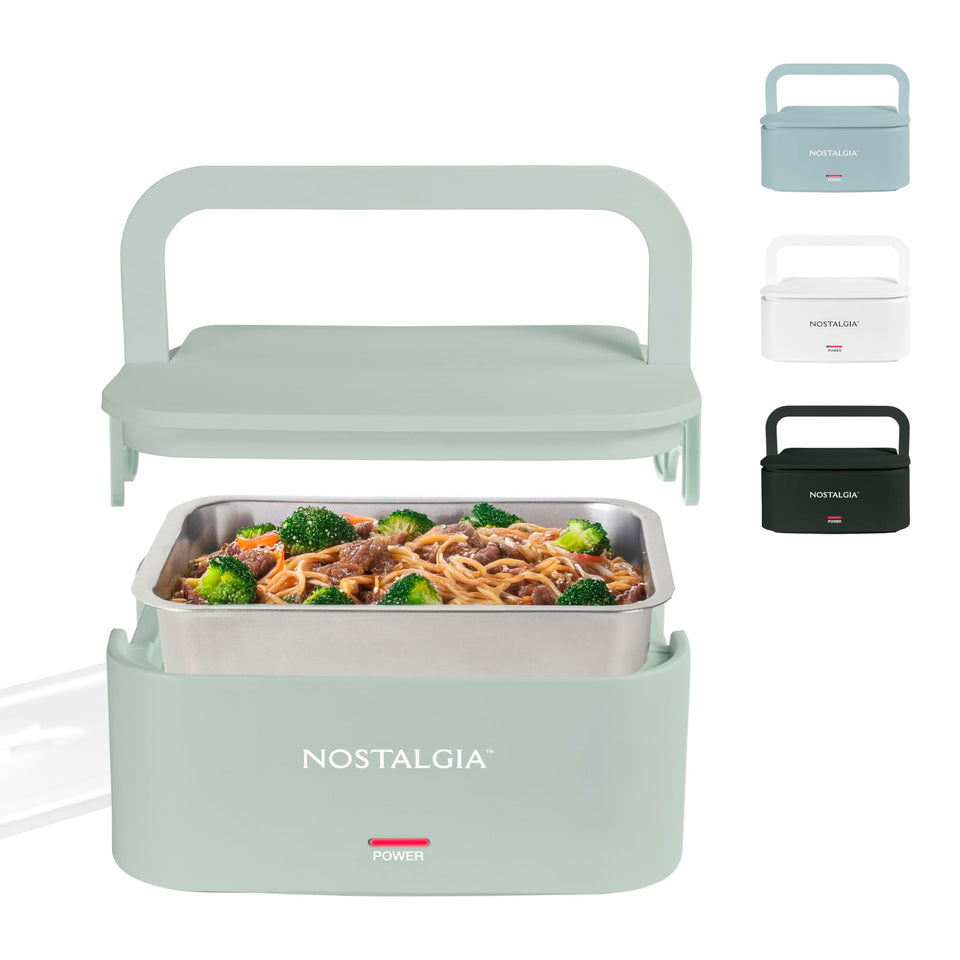 Nostalgia 32-ounce heated lunch box with closed dual-locking lids for spill-free transport.