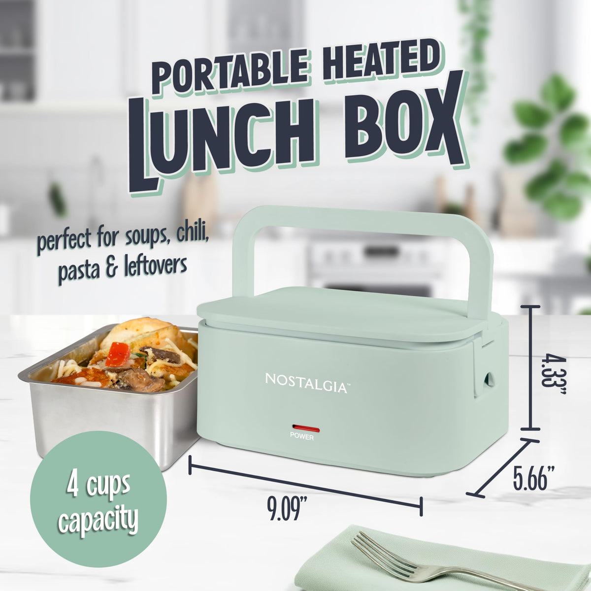 Nostalgia heated lunch box interior showing stainless steel for easy cleaning and warming.