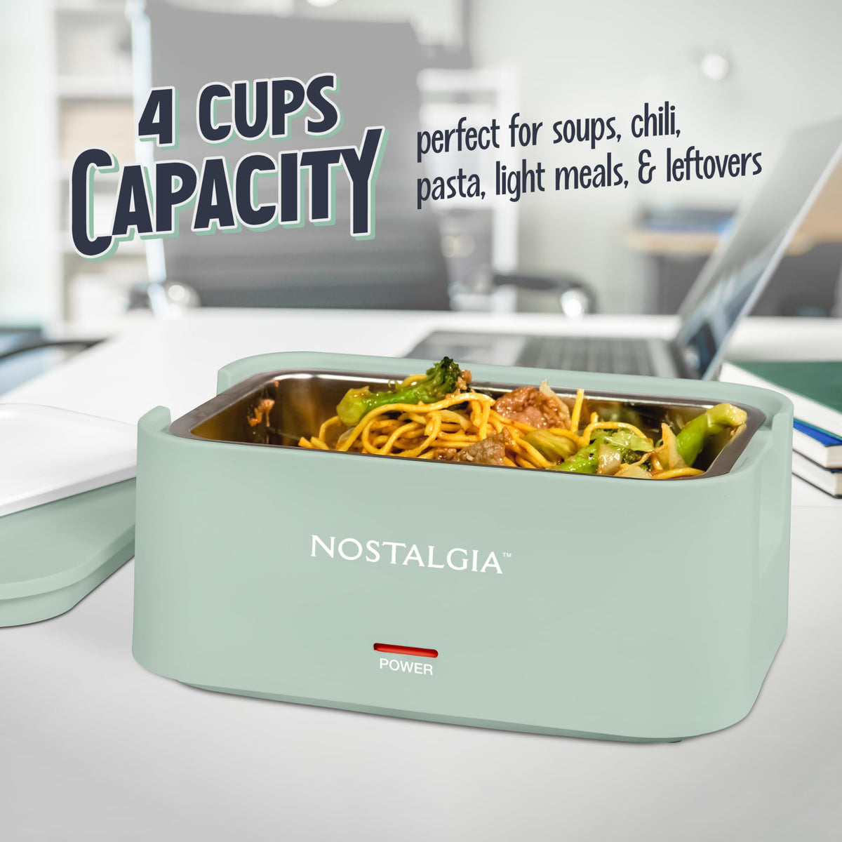 Nostalgia heated lunch box plugged in to heat meals before dining.