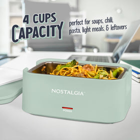 Nostalgia heated lunch box plugged in to heat meals before dining.