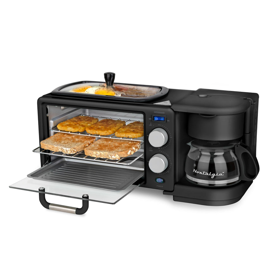 Nostalgia 3-in-1 breakfast station coffee-brew shows compact built-in coffee maker for quick mornings.