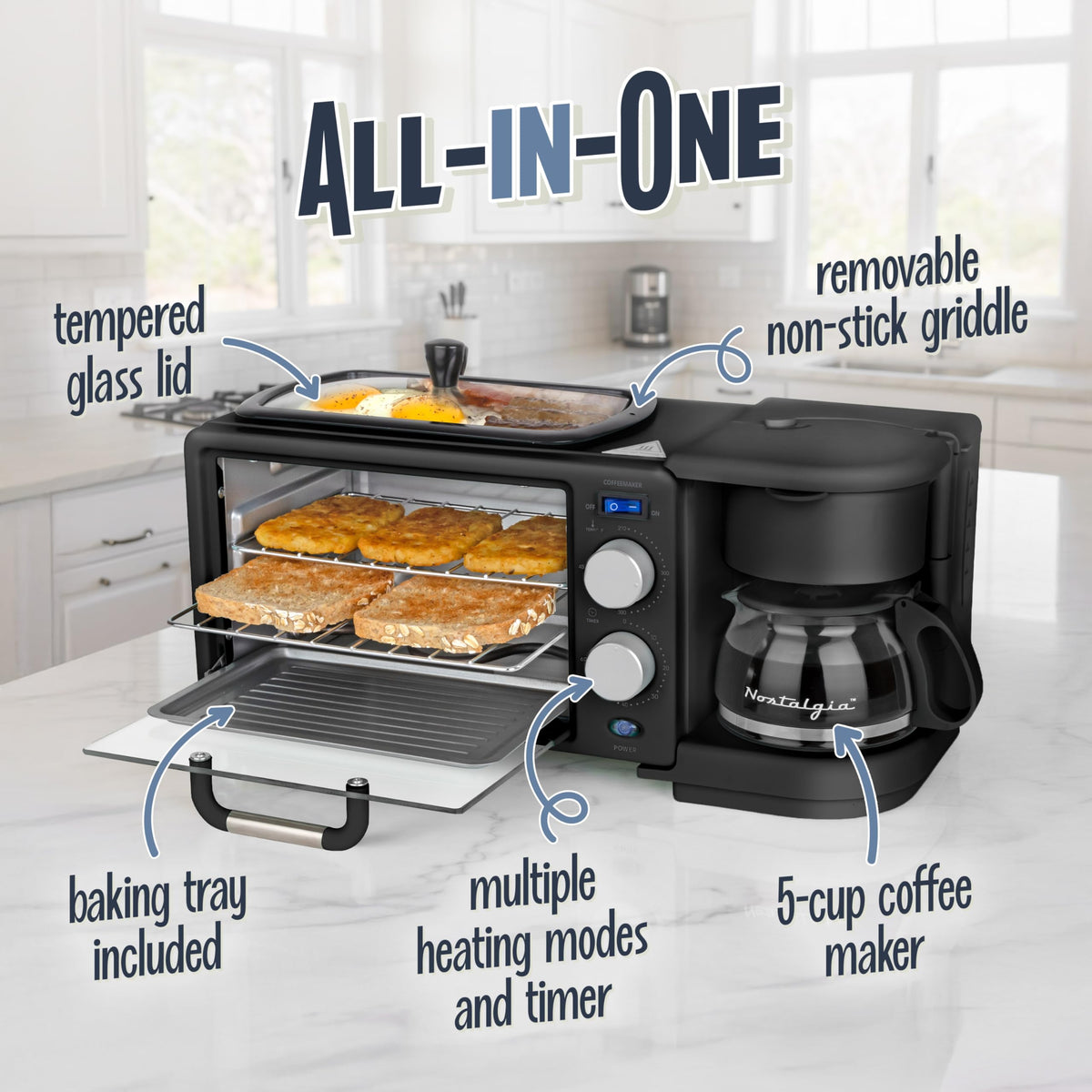 Nostalgia 3-in-1 breakfast station dials emphasize retro controls for easy timing and temperature adjustments.