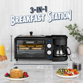 Nostalgia 3-in-1 breakfast station griddle-eggs highlights a ceramic nonstick surface for eggs and pancakes.