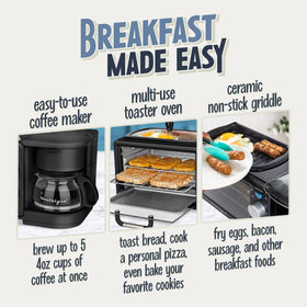 Nostalgia 3-in-1 breakfast station toaster-oven illustrates 4-slice capacity for toasting and baking.
