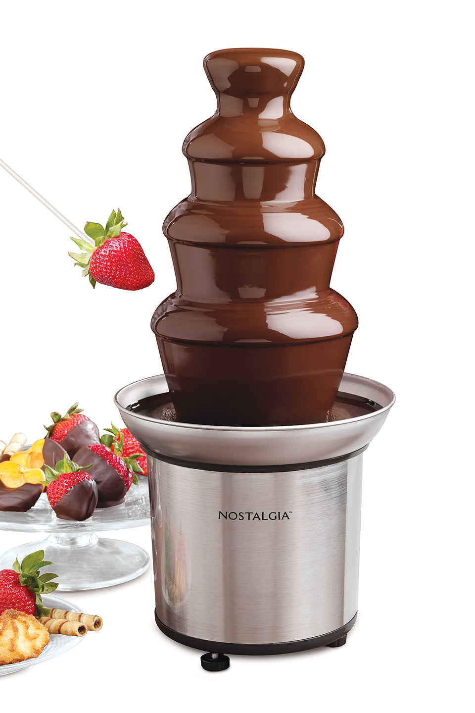 Nostalgia 4-tier fondue fountain front view highlights elegant stainless steel design for stylish parties.