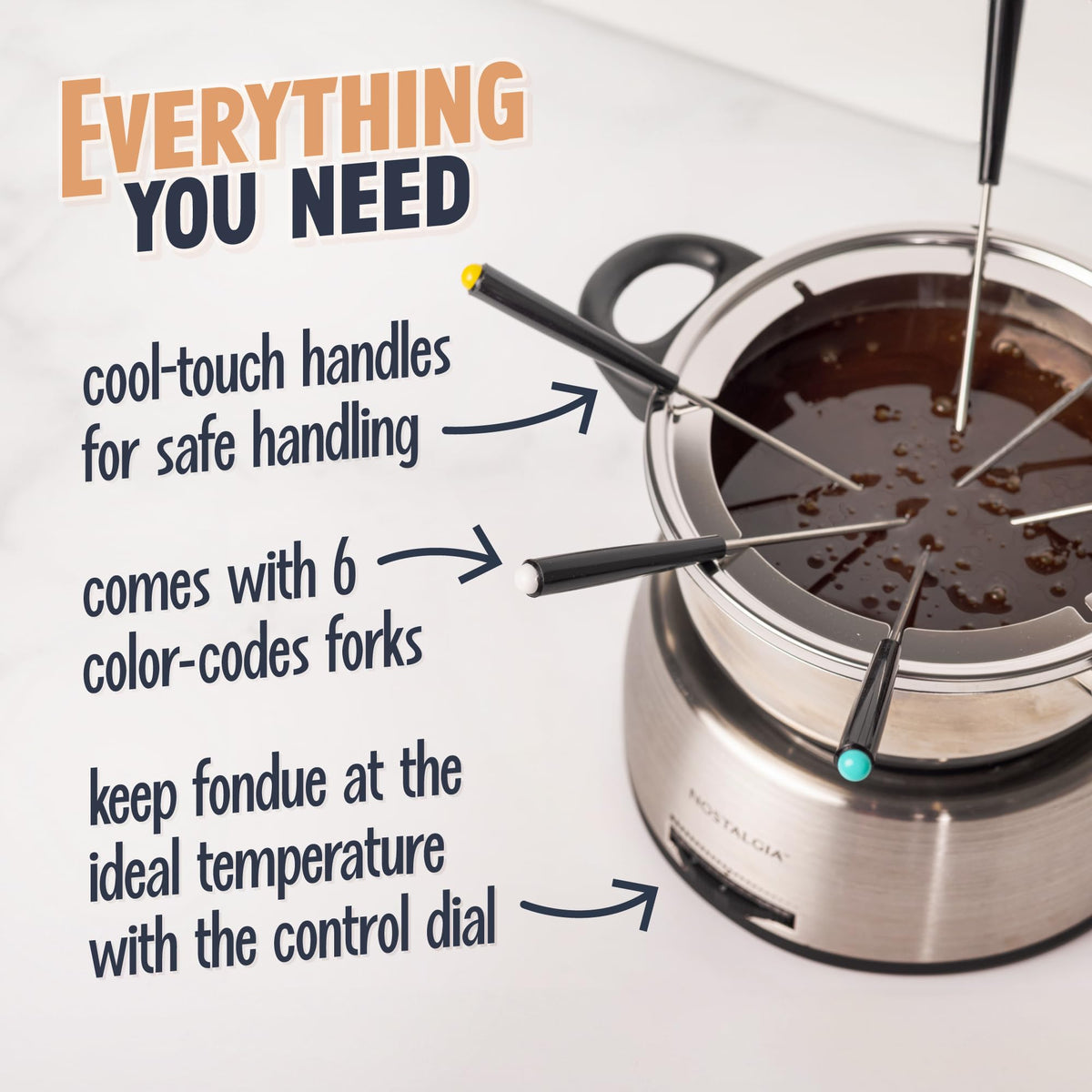 Nostalgia fondue pot blue-lit temperature dial for precise heat control