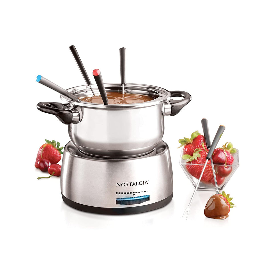 Nostalgia 6-Cup Fondue Pot showing cheese and chocolate options for entertaining