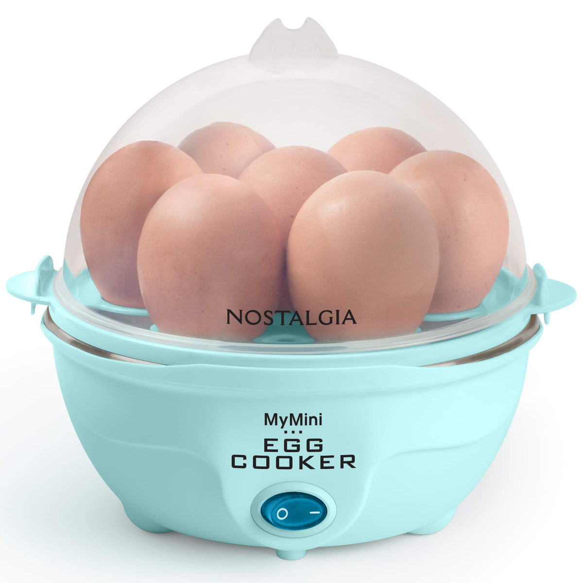 Nostalgia 7-egg cooker top view showing compact retro design for quick breakfasts