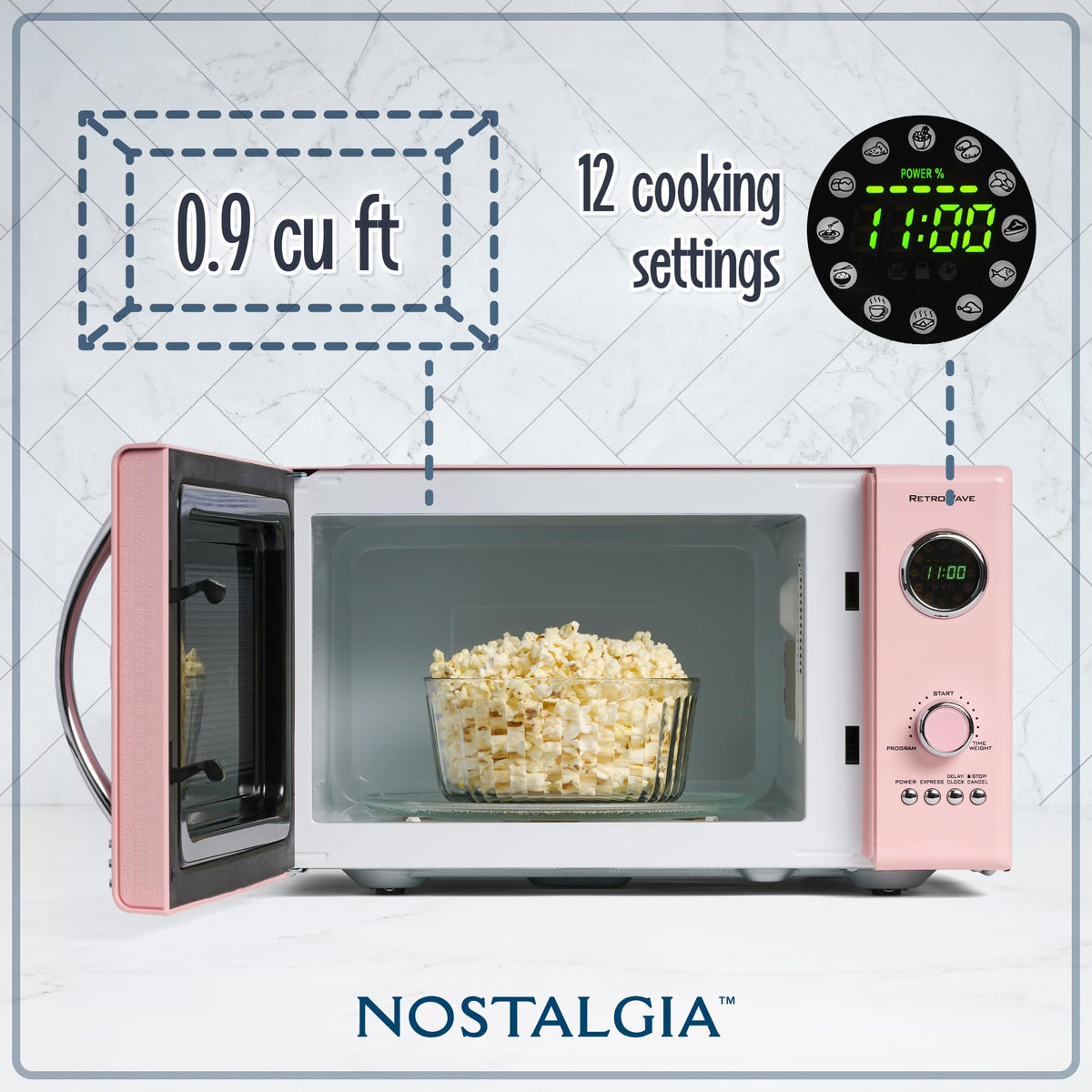 Nostalgia 800-watt microwave with digital clock display for quick heating