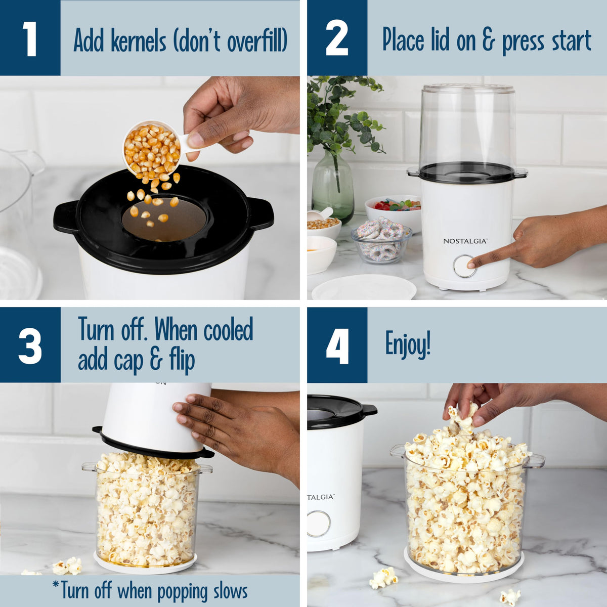 Nostalgia oil-free popcorn is a light, tasty snack for any time