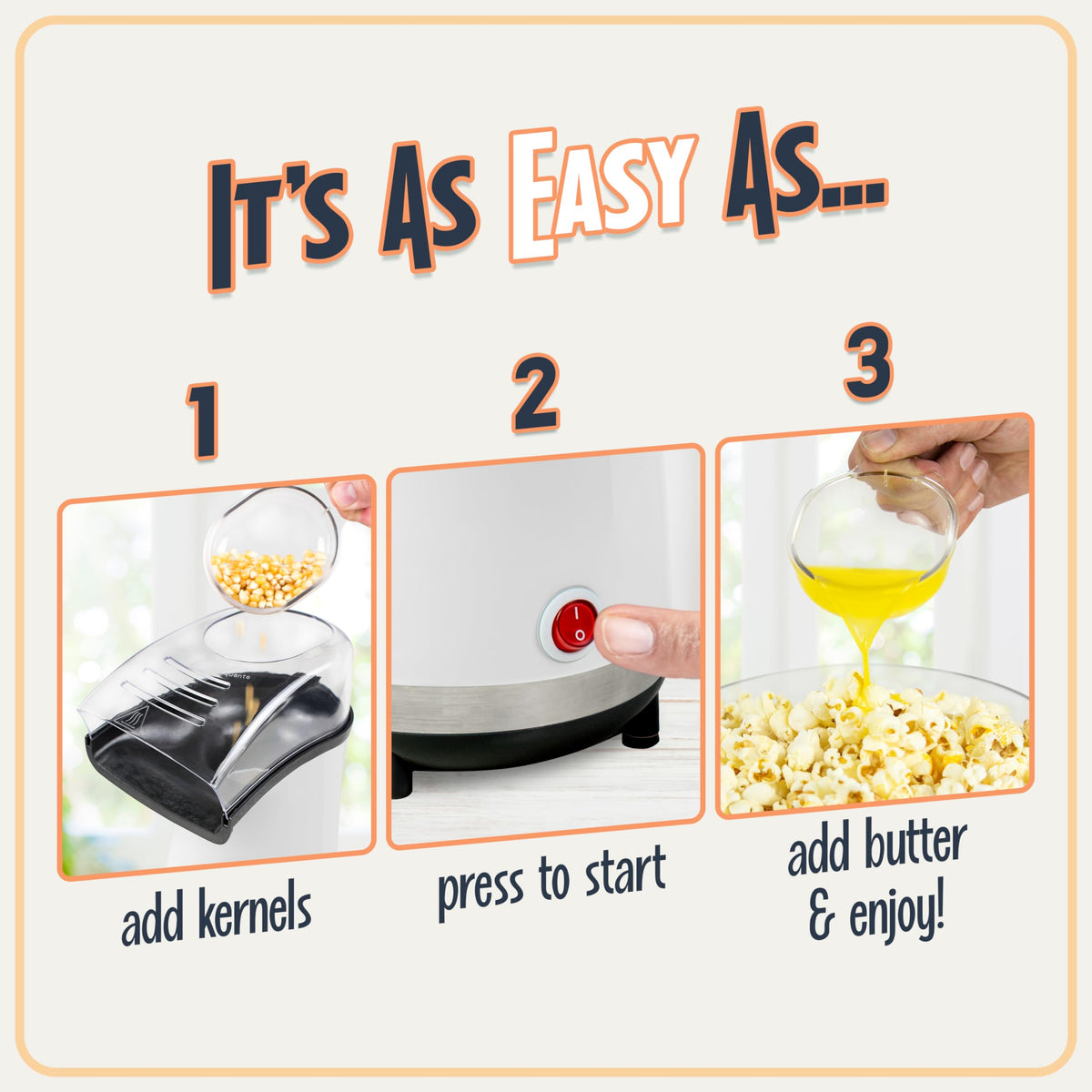 Nostalgia Air Popper includes a 4-oz measuring cup for proper kernel amount.