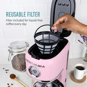 Nostalgia anti-drip-pause allows pouring mid-brew with less mess.