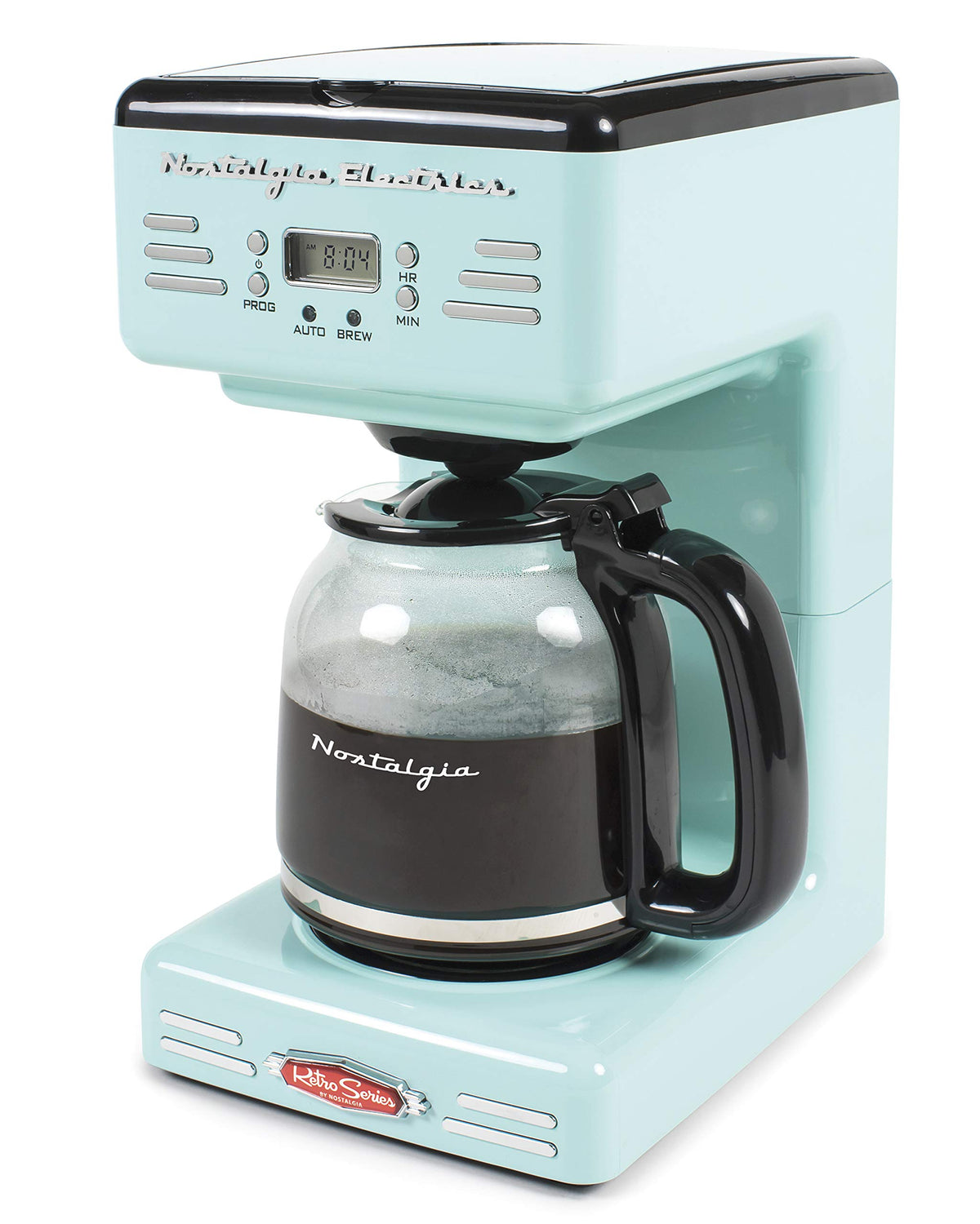 Nostalgia Aqua LED display highlights programmable brewing for easy mornings.