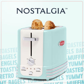 Nostalgia Aqua toaster cord storage keeps countertops tidy.