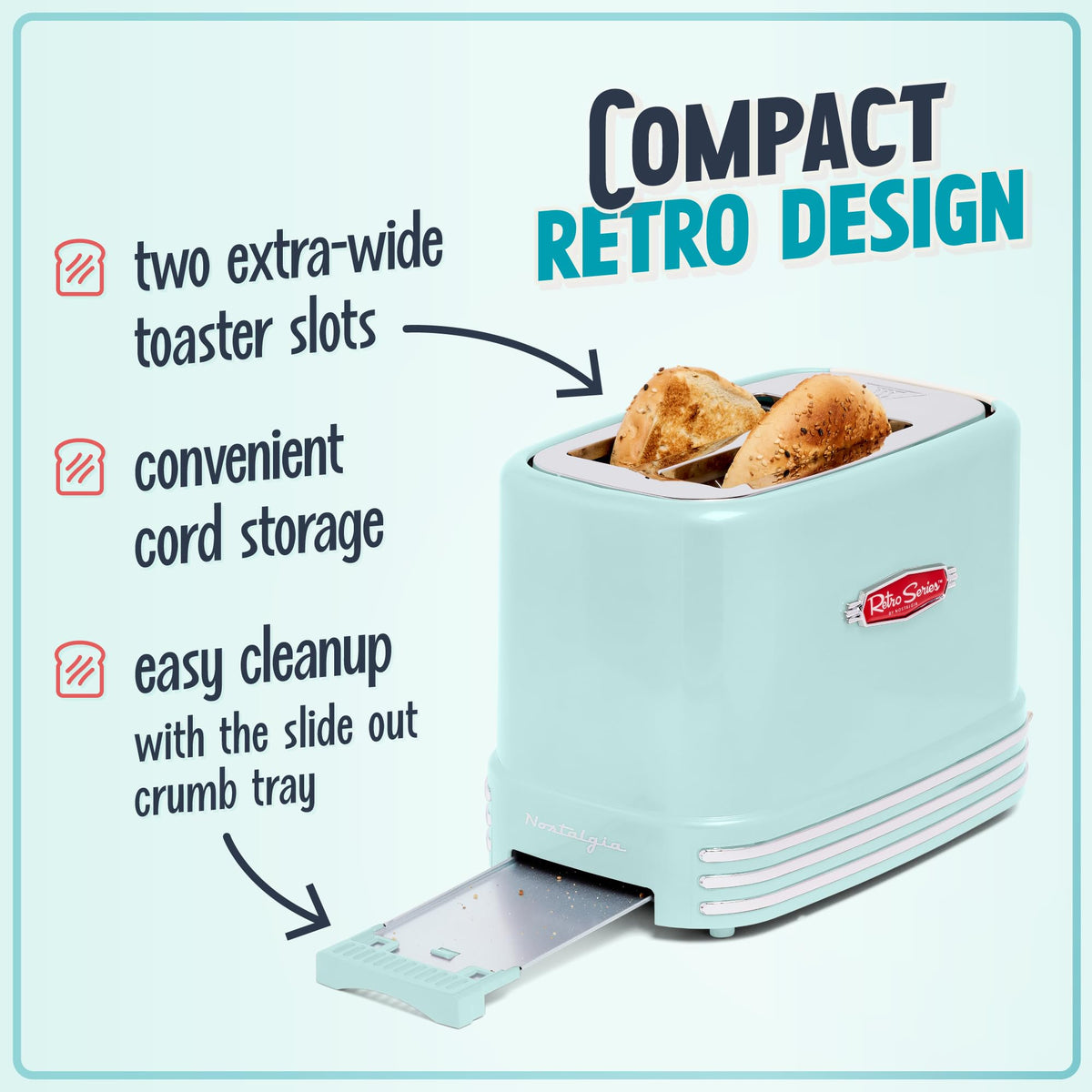 Nostalgia Aqua toaster with lighted controls on a clean countertop.