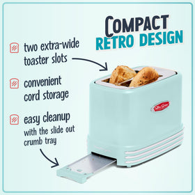 Nostalgia Aqua toaster with lighted controls on a clean countertop.