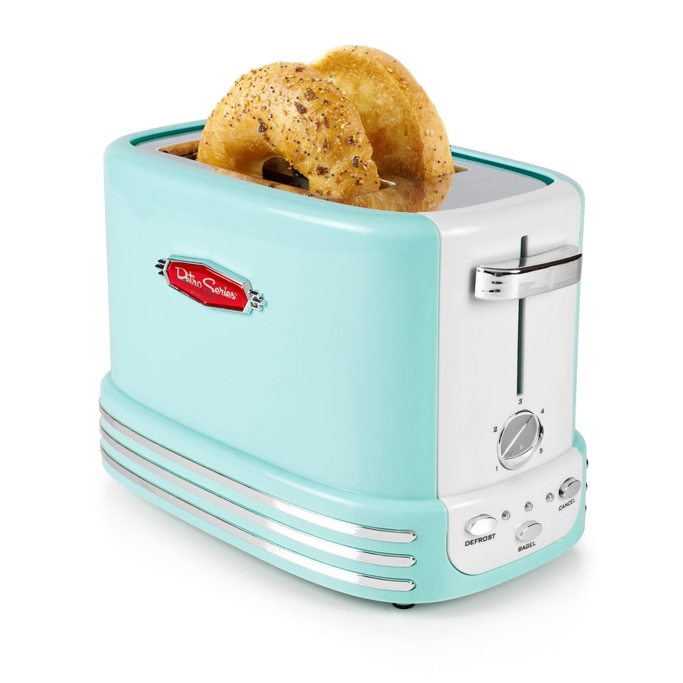 Nostalgia Aqua wide 2-slice toaster with a bagel slot for even toasting.