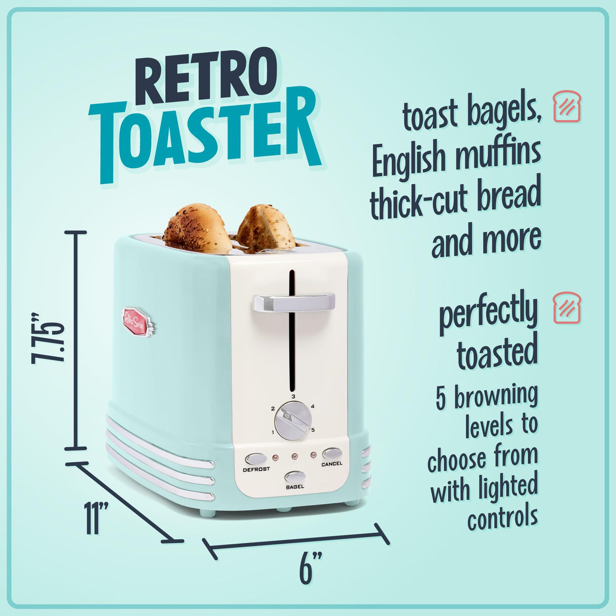 Nostalgia Aqua wide toaster showing English muffin slot for thick breads.