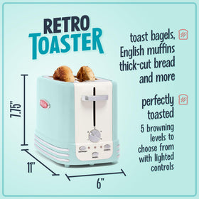 Nostalgia Aqua wide toaster showing English muffin slot for thick breads.