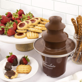 Nostalgia chocolate fondue dipping treats with fruits and marshmallows ready to serve