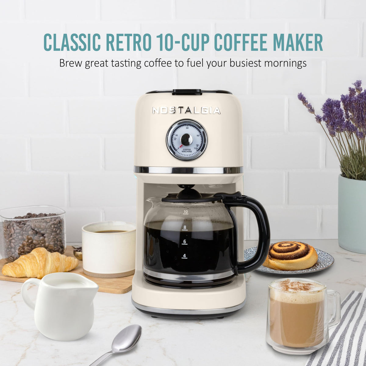 Nostalgia Classic Coffee Maker auto shut-off feature displayed for peace of mind.