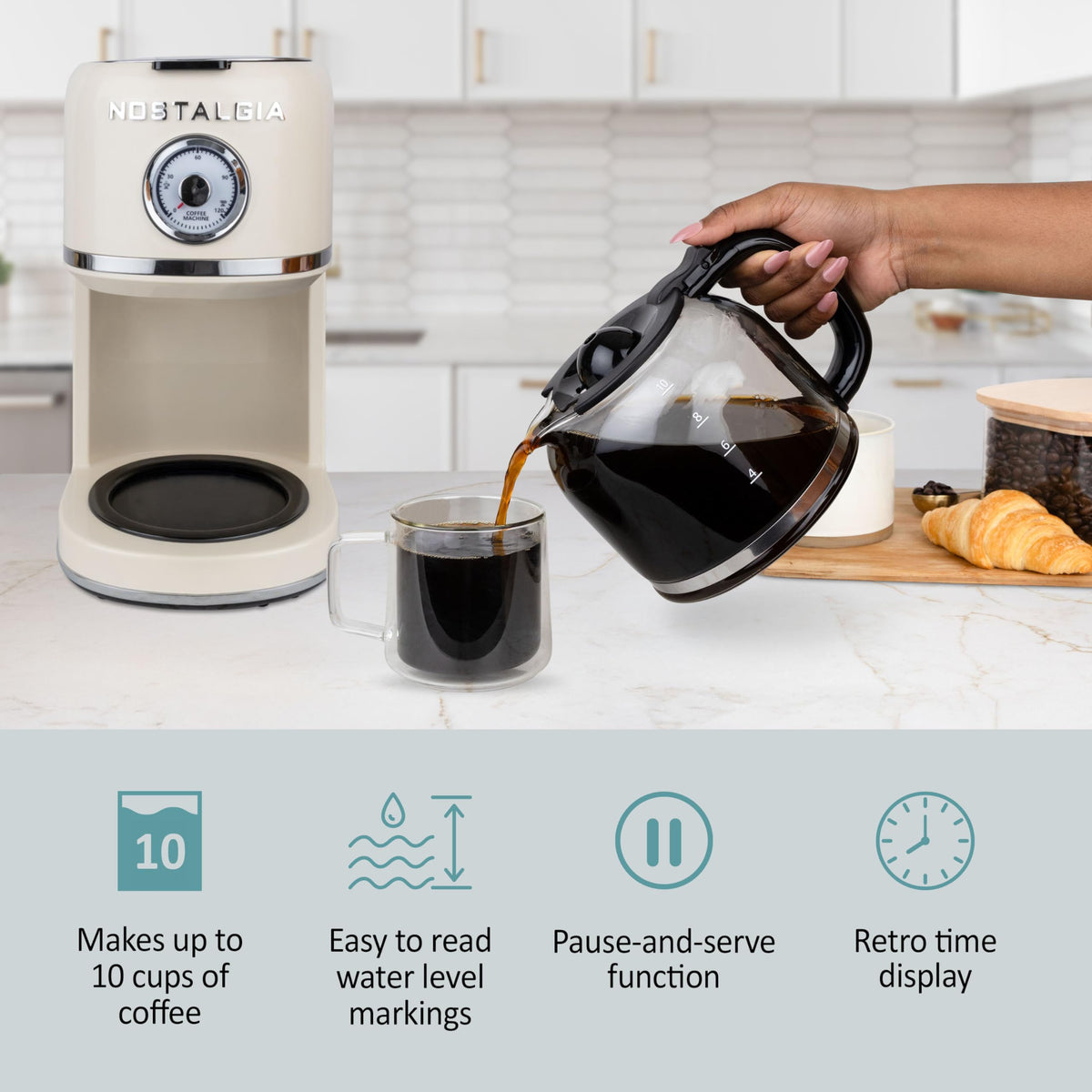 Nostalgia Classic Coffee Maker time display helps track warm-keep timing.