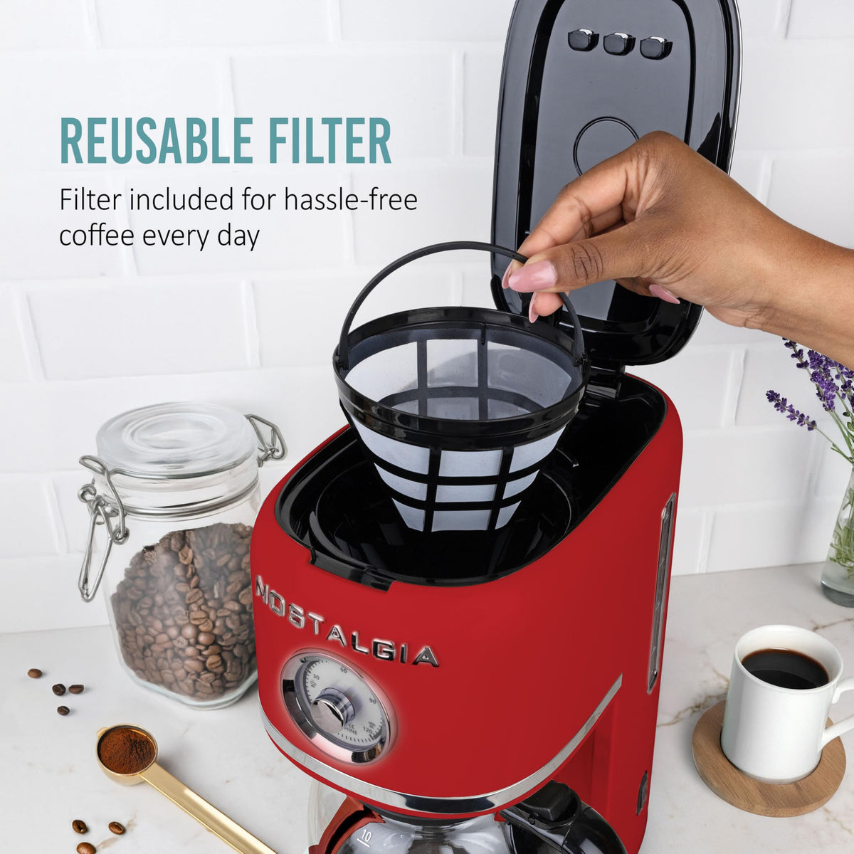 Nostalgia coffee maker paused pour with 30-second anti-drip feature.