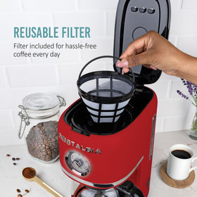 Nostalgia coffee maker paused pour with 30-second anti-drip feature.