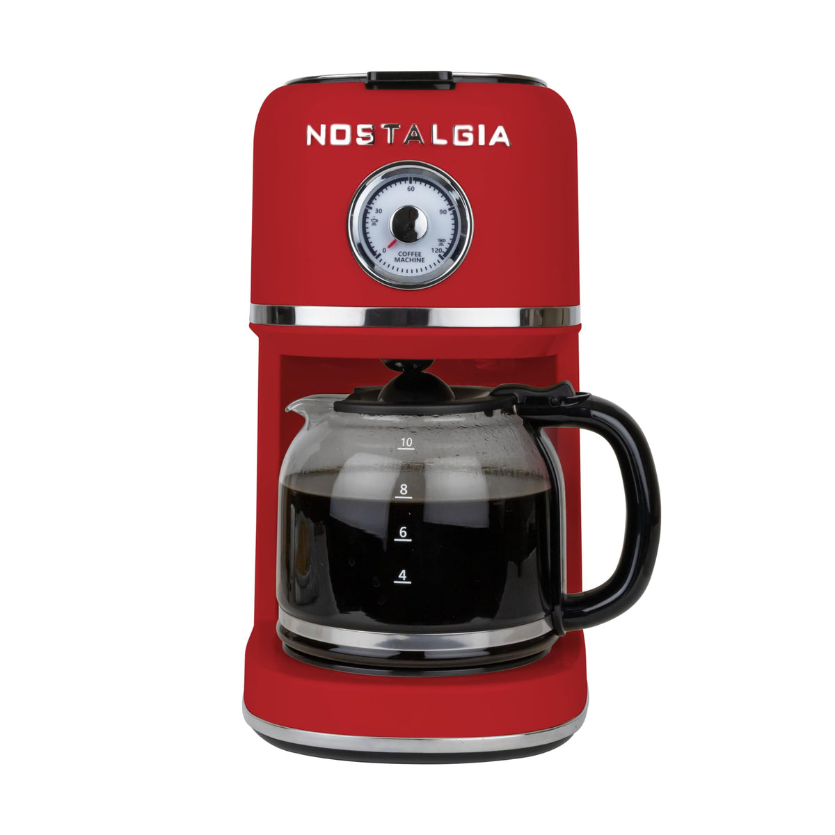 Nostalgia Classic Retro 10-cup coffee maker on counter in red for quick home brews.