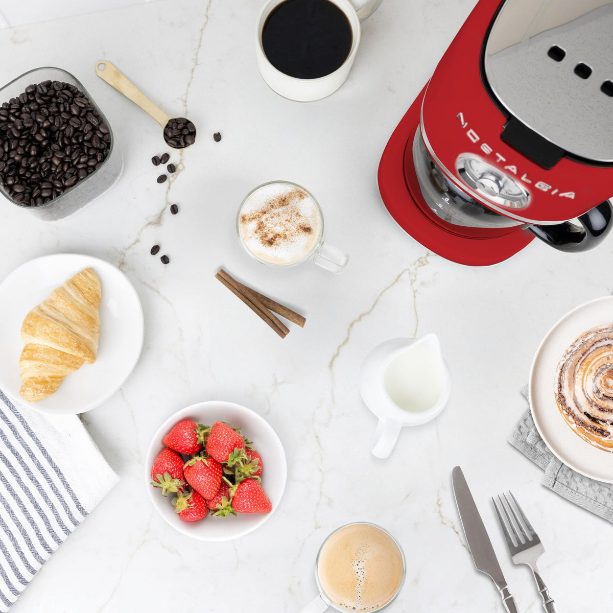 Nostalgia Classic Retro coffee maker ready with one-button brew for fast mornings.
