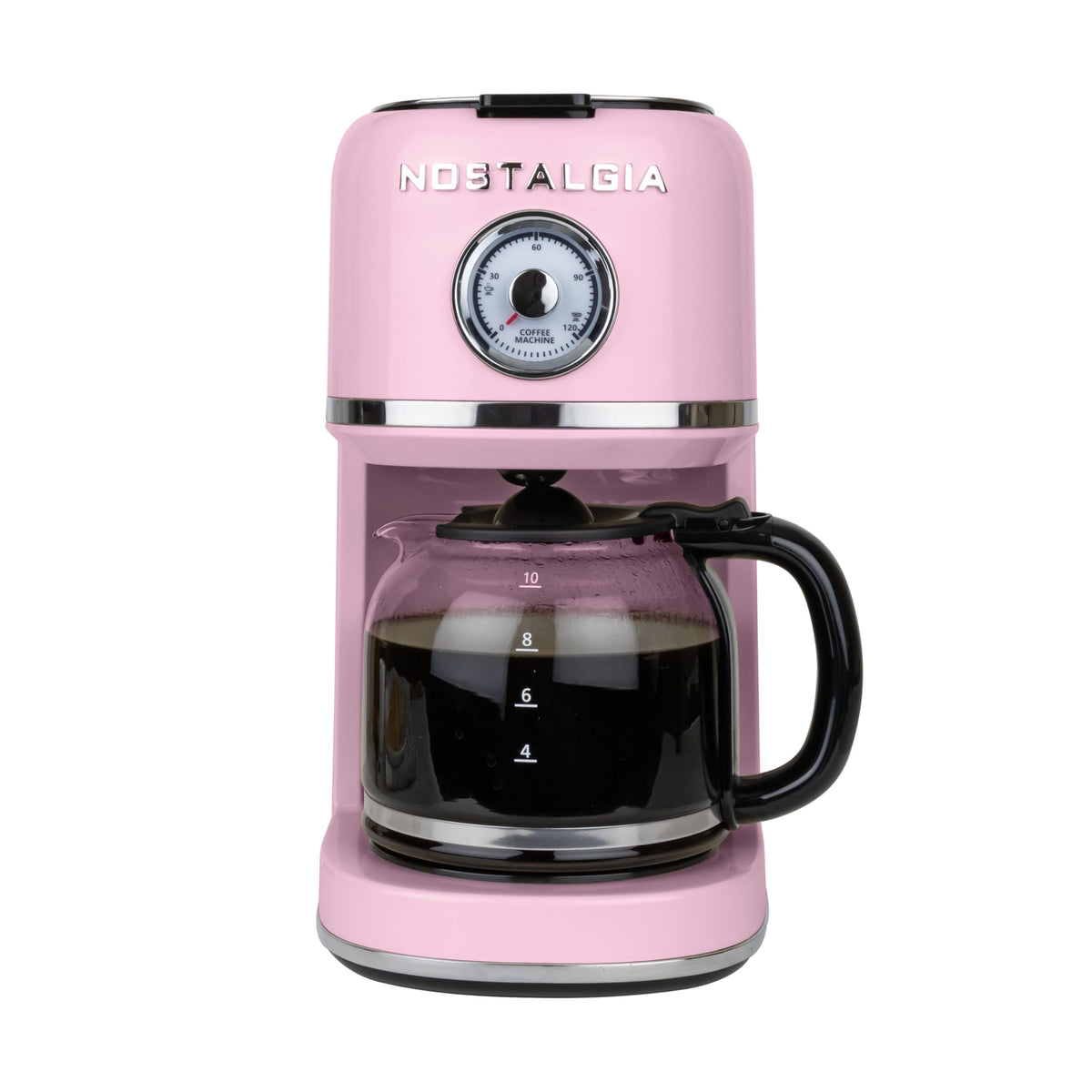 Nostalgia classic-retro-coffee-maker-10-cup shows 10-cup capacity for busy mornings.